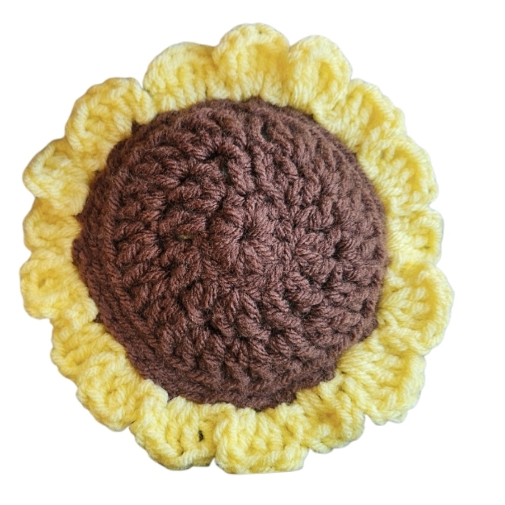 Hand Crafted Yellow Brown Boho Crochet Sunflower Brooch Floral Pin Bag Charm 6"